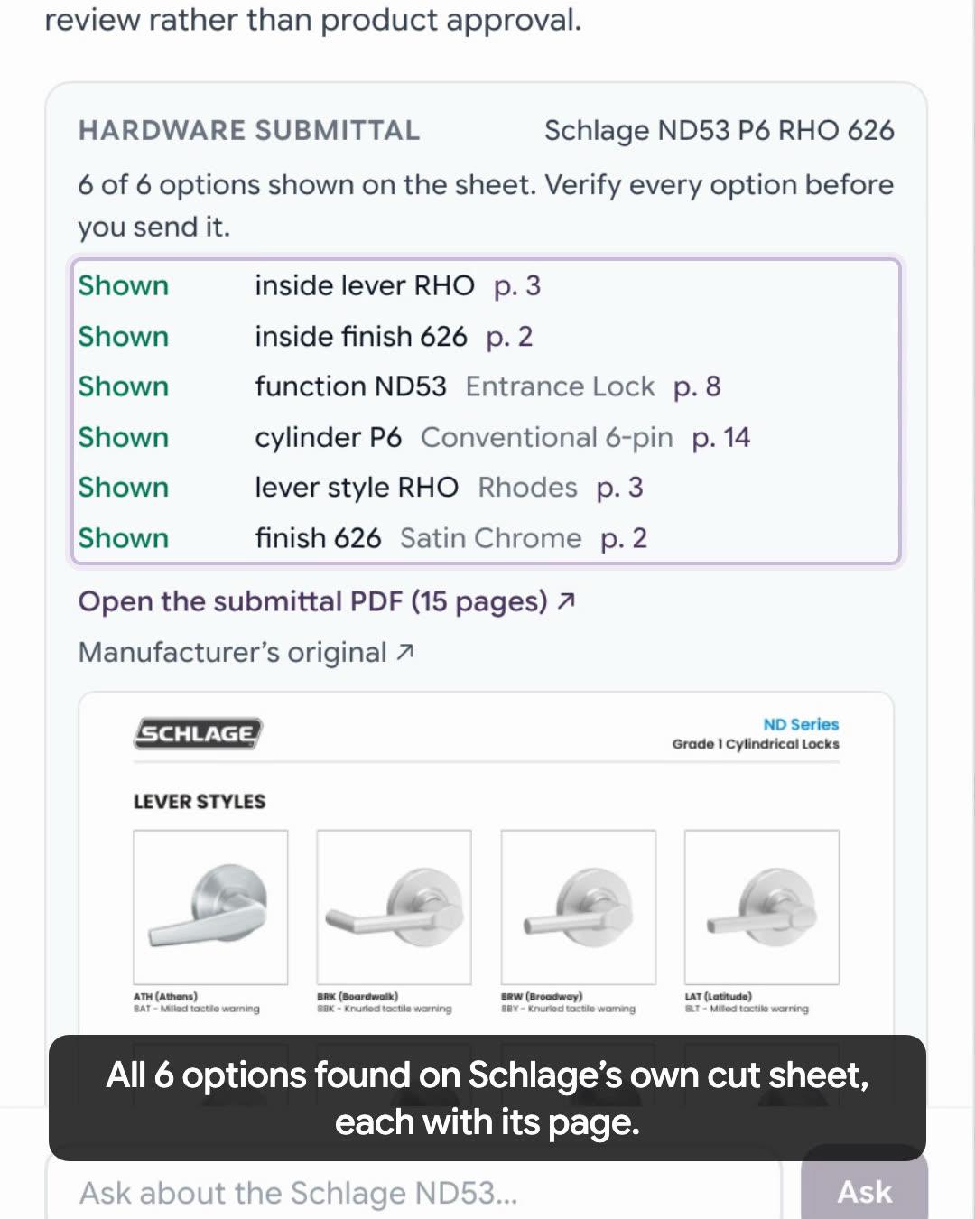 The pricebook's hardware submittal card for Schlage ND53 P6 RHO 626: 6 of 6 options shown on the sheet, each row with its page, and a link to the 15-page submittal PDF.