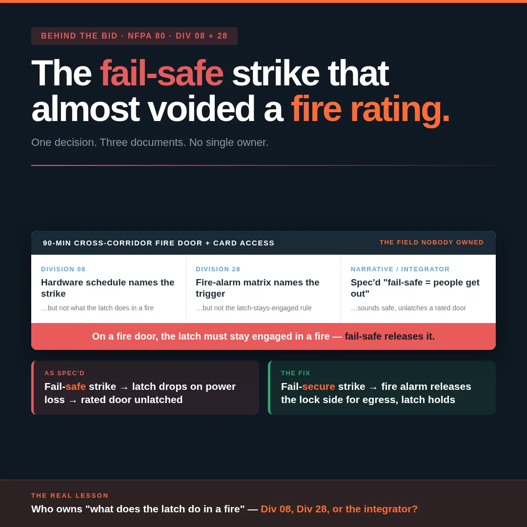 The fail-safe strike that almost voided a fire rating: the hardware schedule names the strike, the fire-alarm matrix names the trigger, and nobody owns what the latch does in a fire — on a fire door the latch must stay engaged, and fail-safe releases it