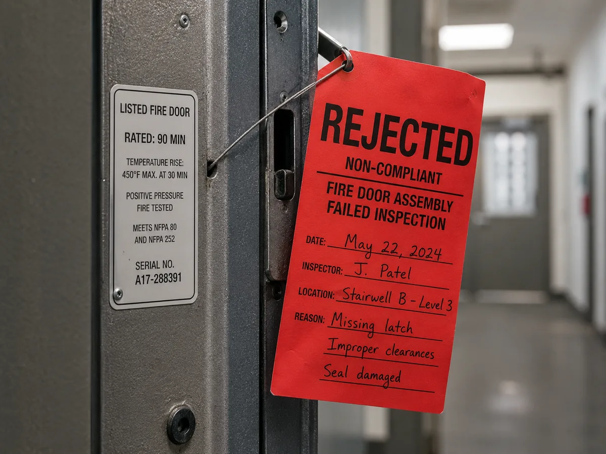 A rejected fire door assembly: a 90-minute listed fire door with a red failed-inspection tag citing missing latch, improper clearances, and seal damage