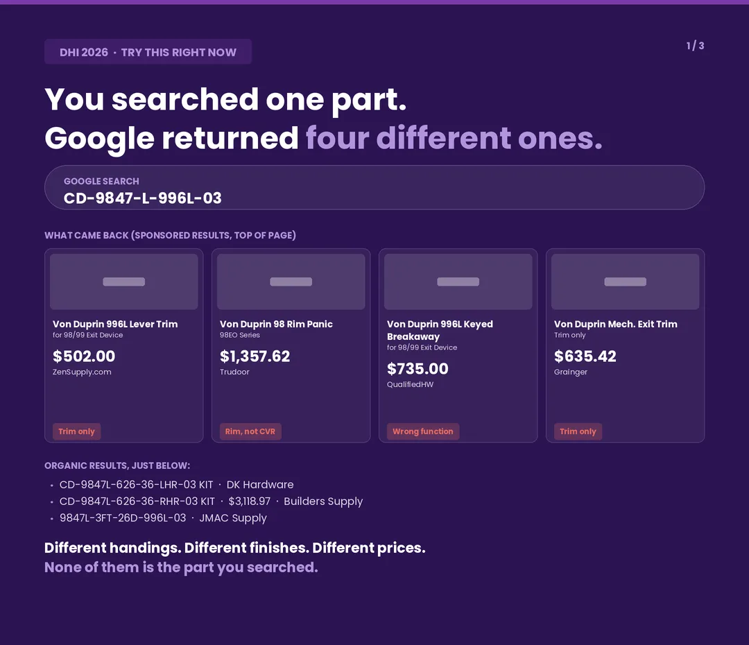 A Google search for the configured exit device part number CD-9847-L-996L-03 returns four different products — different handings, finishes, and prices — none of which is the part searched